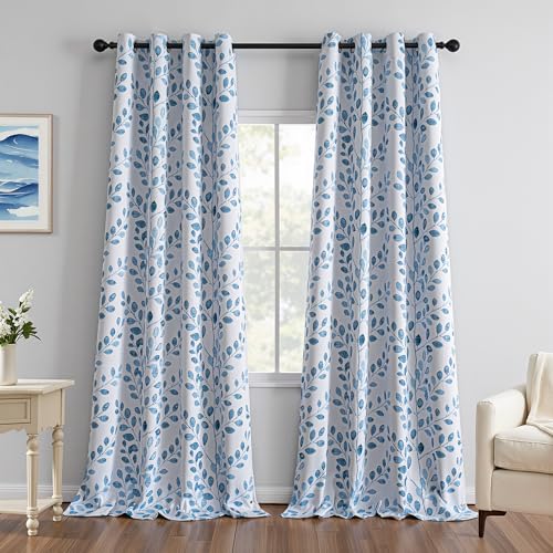 Image of MYSKY HOME Blue Leaf Curtains 95 Inch Length for Bedroom Grommet 2 Panels
