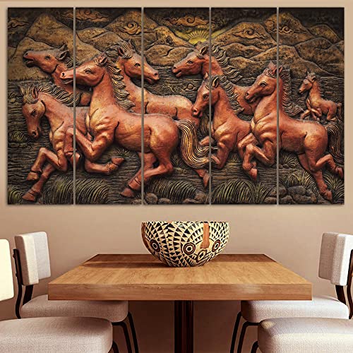 Image of Maxstone Horses Running Vastu for Home 3D WallPainting for Living Room, Bedroom, Office, Hotels, Drawing Room Set of 5 Animals With Natural Painting Multicolour (30x60 inch) M1333