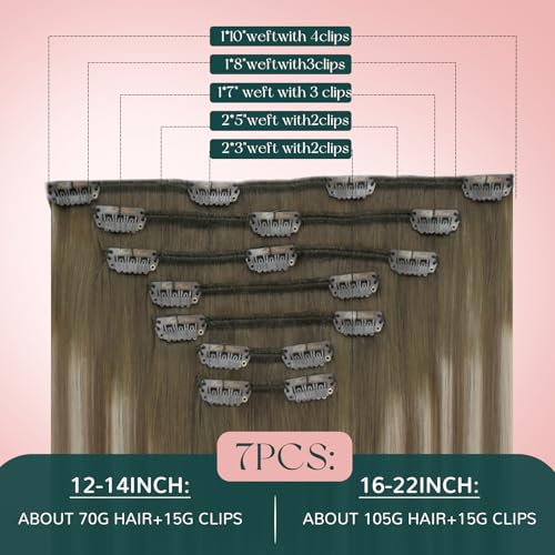 Image of Easyouth Balayage Clip in Hair Extensions Balayage Hair Extensions Clip ins Dark Brown Ombre Light Brown with Blonde Straight Clips in Real Hair Extension Easy of Use 16 In 120G 7Pcs
