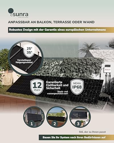 ESUNRA Create your Energy - Balkonkraftwerk 600 / 800W - Plug & Play - 2 bifaziale 430W Solarpaneele - ALL BLACK - TOPCon - Mikrowechselrichter NEP - 5m Kabel - Überwachungs-App
