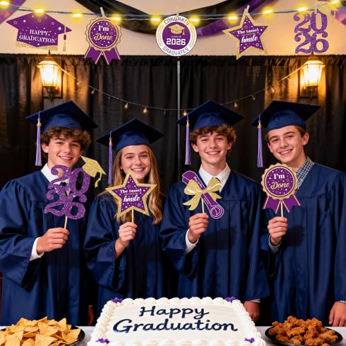 Image of Graduation Party Centerpieces Decorations for Tables Class of 2026-60pcs Glitter Purple and Gold Graduation Table Centerpieces Sticks with LED String Lights for Graduation Party Decor Supplies
