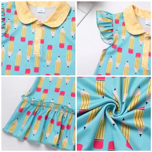ODASDO Girls Back to School Dress Pencil Printed Causal Flutter Sleeve Ruffle Bottom A-line Swing Twirly Dress4