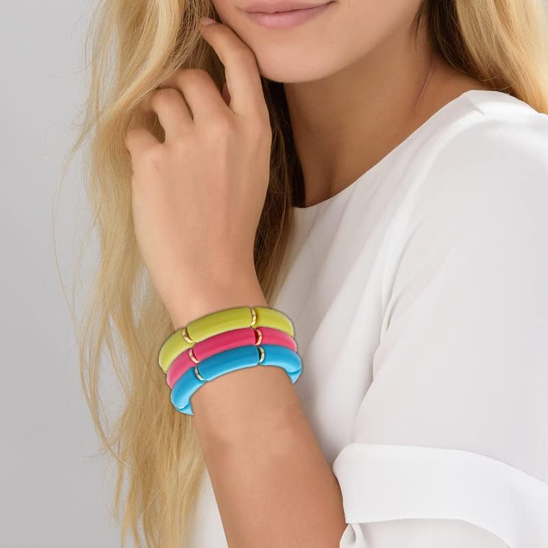 Chunky Bamboo Tube Bracelets Colorful Curved Resin Stretch Bracelet Gold Stacking Bangles Acrylic Beads Stretchable Friendship Bracelets for Women - Image 2