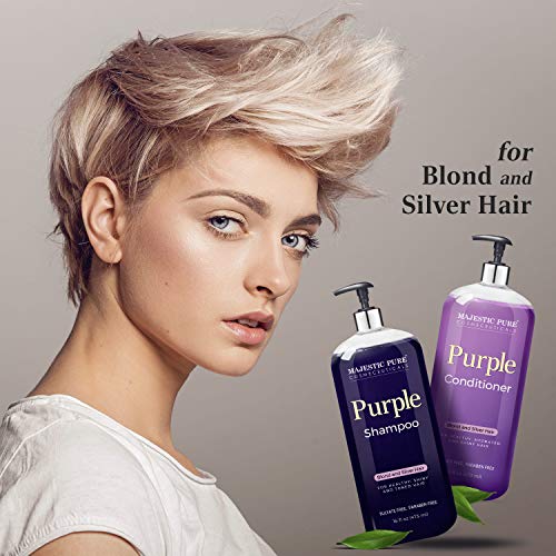 MAJESTIC PURE Purple Shampoo and Conditioner Set - Tones & Brighten Blonde, Platinum, and Silver Hair, Sulfate Free & Paraben Free, 16 fl oz each