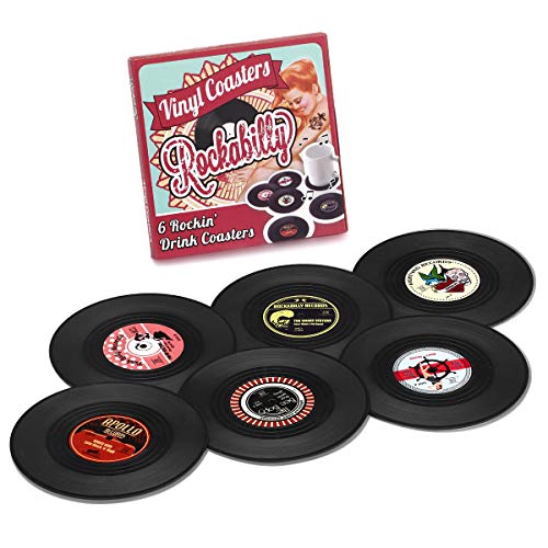 MECOWON Coasters Vinyl Record Disk Coaster for DrinksSet of 6 Rockabilly Vinyl Coaster Set with Funny Labels Protect Furniture from Water Marks Damage