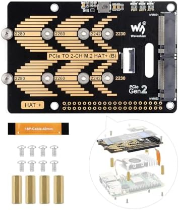 Waveshare PCIe to 2-CH M.2 HAT, Compatible with Raspberry Pi 5, Support M.2 NVMe Solid State Drive 2230 2242 2280, High-Speed Reading/Writing