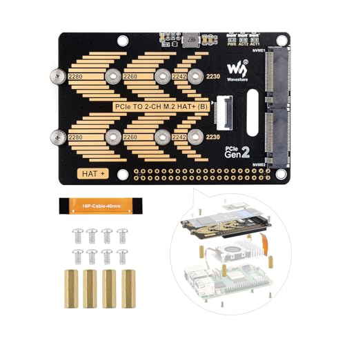 Waveshare PCIe a 2-CH M.2 HAT, compatible con Raspberry Pi 5, compatible con unidad de estado sólido M.2 NVMe 2230 2242 2280, lectura/escritura de alta velocidad
