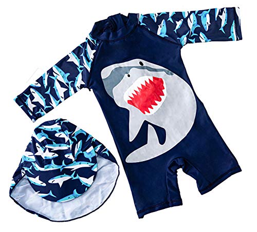 BAOPTEIL Baby/Toddler Boys Swimsuit One Piece Kids Zipper Bathing Suit Swimwear with Sun Hat Rash Guard Surfing Suit UPF 50+ (Ferocious Shark, 6-9 Months)