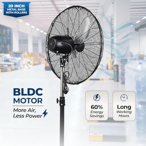 Image of HAVAI 20-Inch Commercial BLDC Pedestal Fan (20-120W) | 2mm Aluminium Blades | Metal Base with 4 Lockable Industrial Wheels | Fingerproof Safety Grill | 4-Speed | 2-Year On-Site Warranty