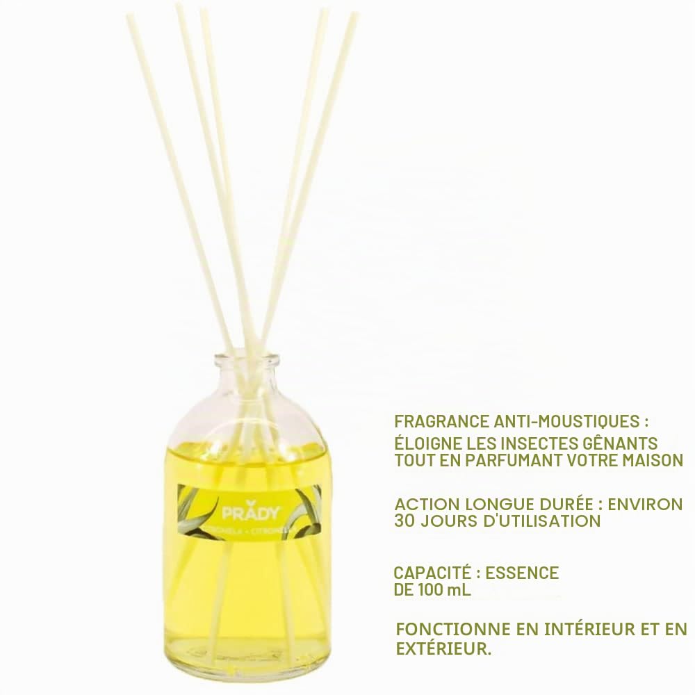 PRADY - Mikado Citronnelle - Fraîcheur Naturelle - 100ml - Crée Une Ambiance Naturelle et Apaisante.