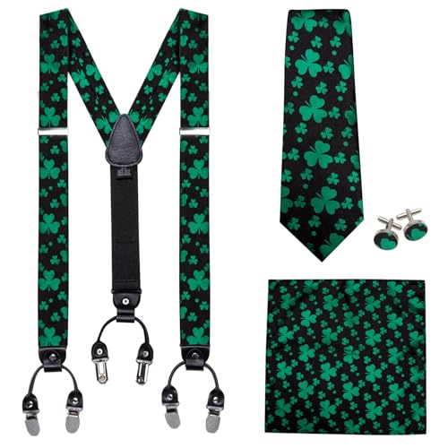 Image of Barry.Wang Men Suspender Set with Necktie Elastic Y Type Heavy Duty 6 Clips Braces Tie Handkerchief Cufflink Pin 6PCS