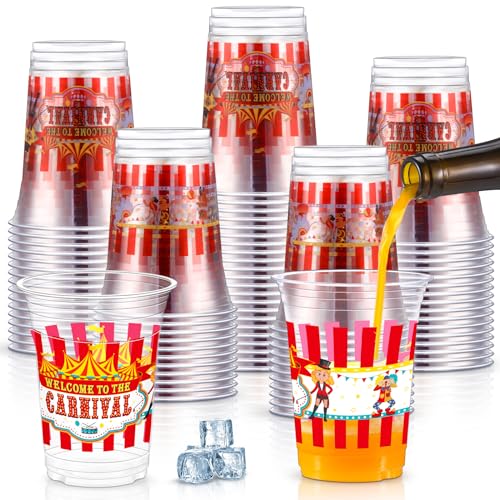 Jinei 60 Pcs Circus Party Supplies - 16 oz Plastic Cups for Carnival, Birthday Parties & Decorations