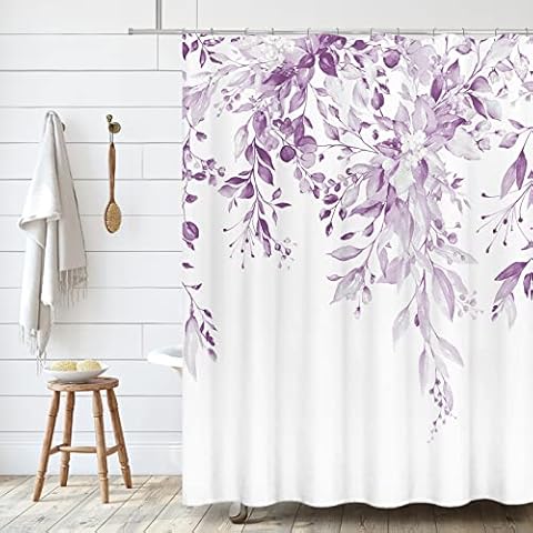 Tititex Lilac Light Purple Eucalyptus Shower Curtain Sets, Watercolor Leaves on The Top Plant with Floral Bathroom Decoration 60x72 Inch with Hooks Cover