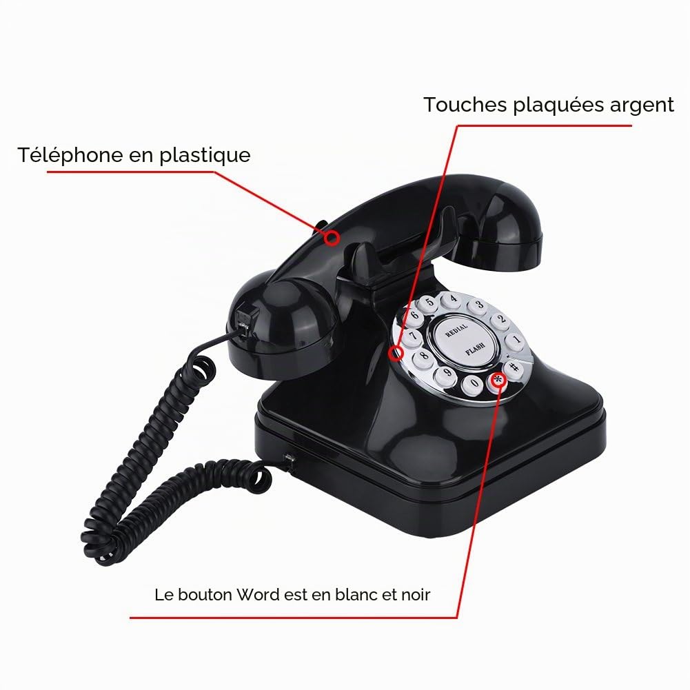 Téléphone rétro, téléphone fixe à l'ancienne, téléphone multifonction vintage en plastique, téléphone fixe à fil rétro, flash, nouvelle numérotation et réservation (fonctionnement à une lignoirne)