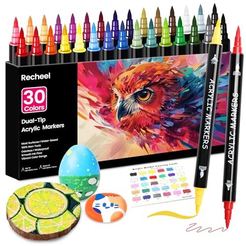 Recheel 30 Colors Acrylic Paint Markers, Dual Tip Fine and Brush Tips for Detailed Art, Crafting, Rock Painting, Wood, Glass, Ceramic, and More