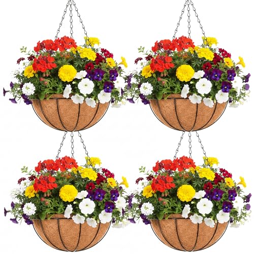 EIMQUVW Outdoor Metal Hanging Planters Basket (4pack, 14 inch) Hanging Baskets for Plants Chain Round Wire Plant Holder with Coco Fiber Liners for Garden, Patio, Deck, Porch
