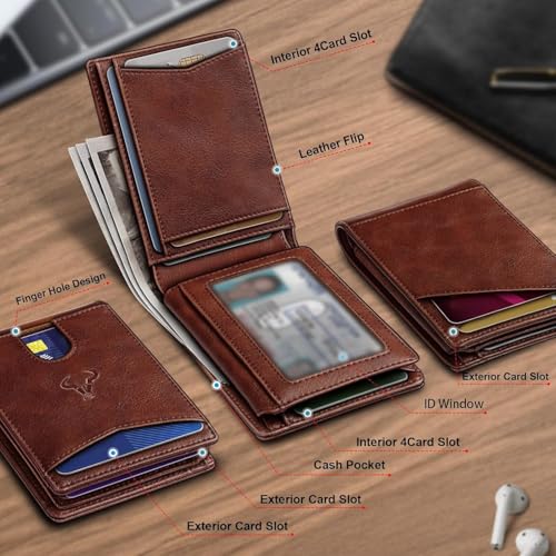 Image of Contacts Slim RFID Blocking Leather Wallet for Men - Minimalist Bifold Card Holder with 11 Slots, ID Window & Cash Pocket - Front Pocket Wallet Gift for Daily Use & Travel (Brown)