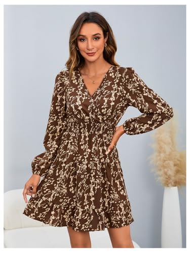 MakeMeChic Women's Long Sleeve Floral Short Dress Wrap V Neck Elastic Waist Casual Dresses3