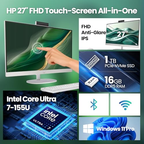 Image of HP 27 inch Touchscreen All-in-One Desktop Computer - Windows 11 Pro Business PC, Intel Core-Ultra 7 155U, 27 inch FHD Anti-Glare LED Display, 16GB DDR5, 1TB SSD, FHD IR Camera, W /General Hardware Accessories