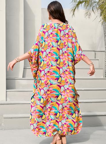 Women's Plus Size Tropical Kaftan Dress V-Neck Batwing Sleeve Beach Cover Up for Swimsuit Vacation Caftan Dress3
