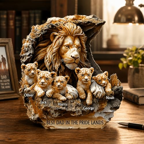 Personalized Gift for Dad from Daughter & Son, Custom Family Lion Acrylic Plaque with 1-10 Names -...