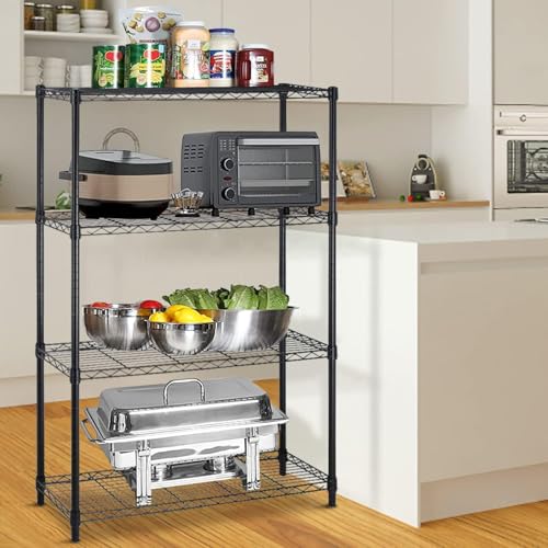 Image of Premium Heavy-Duty 4-Tier Black Metal Wire Storage Rack Shelf Organizer | Adjustable Multipurpose Freestanding Shelving Unit for Home, Office, Kitchen | Size 17 inch D x 27 inch W x 54 inch H Inch