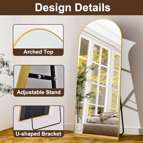 Image of 21 inch x 64 inchArched Full Length Mirror - Wall Mounted Floor Mirror- Aluminum Alloy Frame Full Body Mirror for Bathroom Living Room Bedroom and Entryway Gold