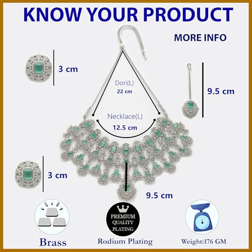 Image of ZENEME Rhodium-Plated American Diamond Studded Tasselled Necklace With Earrings Ring & MaangTikka Jewellery Set For Girls and Women