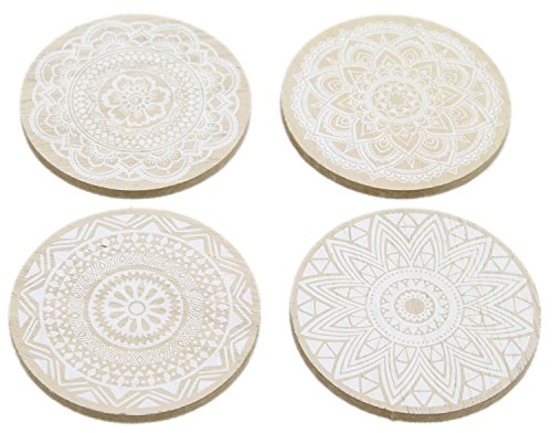 Carousel Home and Gifts Set of 4 Geometric Mandala Flower Style Boho Wooden Drinks Coasters, White
