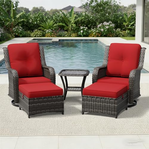 Joyside 5 Piece Outdoor Patio Furniture Set Wicker Conversation Bistro Set Swivel Rocking Chairs with Side Table and Ottomans for Backyard, Porch, Deck(Mixed Grey/Red)