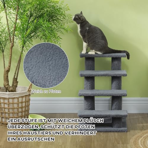 PawHut Katzentreppe 4 Stufen Tiertreppe Treppe für Katze Haustiertreppe Hundetreppe aus Plüsch 61 x 41 x 60 cm Grau
