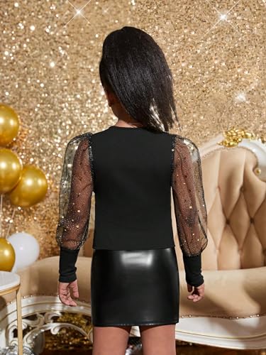 WDIRARA Girl's Round Neck Long Sleeve Contrast Mesh and Contrast Sequin Party Top2