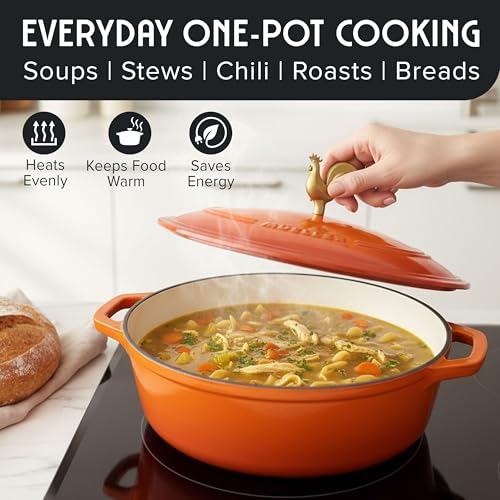 Image of MUELLER HOME 5.5 Quart Enameled Cast Iron Oval Dutch Oven w Rooster Knob & Cotton Potholders, Heavy-Duty Cookware, Oven-Safe up to 500 F & Across All Cooktops, Gifts for Grandma & Women, Orange