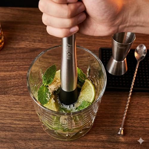 Image of finality Mojito Muddler Bar Tool Set, 3 PCS Cocktail Set Mixing Tools Stainless Steel Cocktail Muddler with Cocktail Spoon Long Handle and Jigger for Mojitos Fruit Drinks (Stirrer Spoon Set)