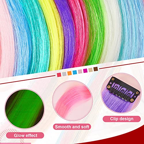 20 Pcs Glow In The Dark Hair Extensions Clip Luminous Colored Hairpieces Party Rainbow Hair Clips Synthetic Neon Fake Hair Clips Hair Accessories For Diy Women Kids Girls, 10 Color (Curly Hair) #TOP2