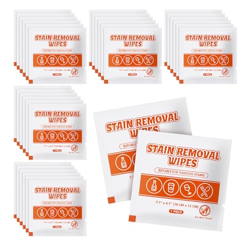 Image of Stain Remover Wet Wipes Bulk, Portable Cloth 7.1 x 4.7 Inch (White 50) | Individual Wrapped Travel Messy Eater Cleaning Laundry Stain Removal Wipes Pocket Size for Clothing Fabric /Wine /Fast Food