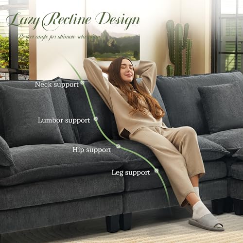 Image of Cloud Couch, 106 inch Modular Sectional Sofa with Movable Ottoman, U Shaped Modern Sofa with Pillows, Deep Seat Couches for Living Room, Bedroom and Apartment, Comfy Couch, Grey