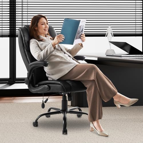 Image of VEVOR Executive Office Chair with Lumbar Support, 300lb Capacity Office Chair with Flip-up Armrests & Lumbar Pillow, Height Adjustable Ergonomic Chair, PU Leather Reclining Home Office Desk Chairs