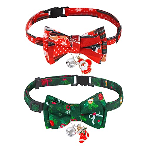 2 Stück Weihnachten Katzenhalsband Hundehalsband,Weihnachtliches Katzenhalsband mit Süßer Fliege und Glöckchen Katzen Halsband Weihnachten Katzen Halsbänder mit Schleife für Katze,Kätzchen und Welpen