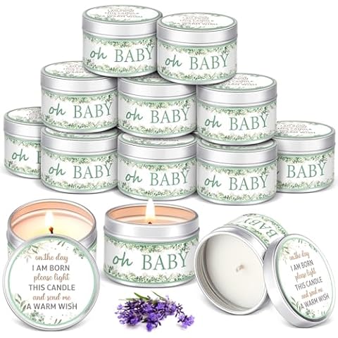 Funtery 12 Pcs Baby Shower Favors for Guests Baby Shower Candles Baby Shower Decorations Floral Lavender Scented Candles Gender Reveal Candle Rustic Tealight Candle Baby Shower Return Gift(Leave) Cover