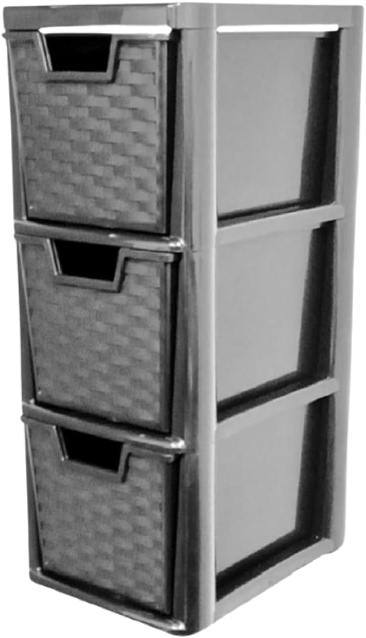 Khanary Black 3 Storage Drawer Rattan Style Drawer Multipurpose 3 Tier For Home Office Kitchen Bath Bedroom Garage Study Room Stationery Toys Books Magazines (H) 48Cm (D)25Cm (W)19Cm Medium