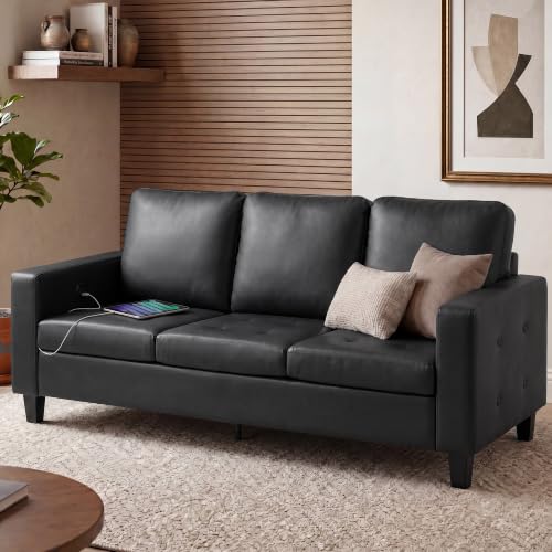 Image of STHOUYN Black Faux Leather 3 Seater Sofa and Loveseat, Furniture Set (3+2) | STHOUYN, Modern, Comfy, Tufted Armrest, USB Charger, 2 Pieces Living Room Furniture Sets, Office