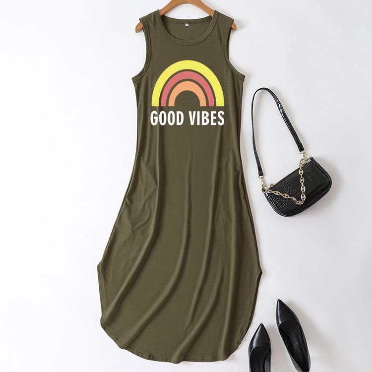 Image of Good Vibes Rainbow Graphic Dress Womens Sleeveless Pocket Maxi Dress Hawaiian Beach Tank Dress