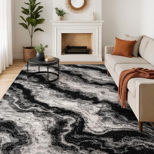Rugshop Contemporary Marble Area Rug for Living Room, Bedroom Black 5' x 7'