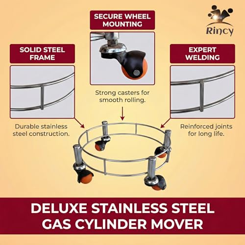 Image of Rincy 2 Pic Heavy Red Wheel Stainless Steel LPG Cylinder Trolley with 4 Heavy Wheels - Durable Stand for Gas Cylinders (Heavy Wheel Gas Stand 2 Pcs)