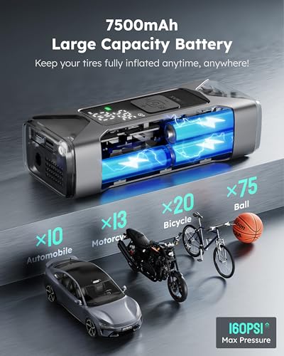 Image of ASMAX T10 Tire Inflator Portable Air Compressor, 160PSI Cordless Electric Air Pump with 7500mAh Battery, Digital Gauge, Auto Shut-off, Fast Inflation for Car, Motorcycle, Bike, Bicycle, Balls