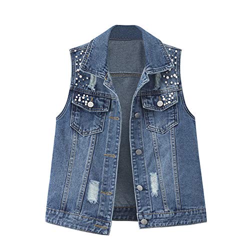 JUDYBRIDAL Women's Slim Fit Ripped Distressed Denim Vest Jacket Pearls Beading Jeans Waistcoat (Blue,M)
