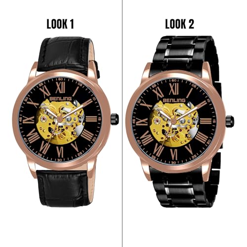 Image of Benling Men's Skeleton Automatic Analog Watch Combo | Open Gear Dial | Leather and Stainless Steel Chain Strap | Luxury Mechanical Movement | Casual & Formal Wear Stylish Wrist Watch for Men