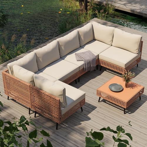 LAUSAINT HOME 7-Piece Wicker Patio Furniture Set, PE Rattan Outdoor Sectional All Weather Patio Furniture Conversation Sets with Thick Cushions and Coffee Table for Garden (Beige)