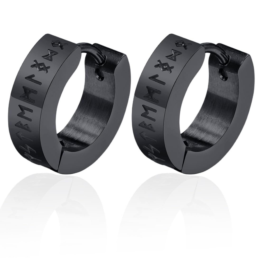 MQLSAERI Pendientes Vikingos Runas Plata de Hombres, protección de amuleto, regalos de joyería de acero inoxidable para hombre, aretes con bisagras con runas nórdicas de Futhark, 1 par - negro
